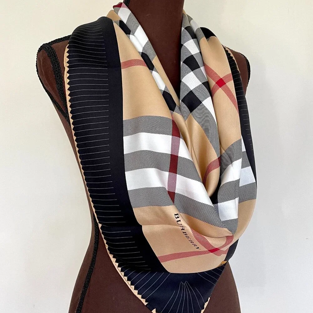 New Burberry Scarf House Check Beige Black Border Silk Scarf Wrap - Picture 4 of 14